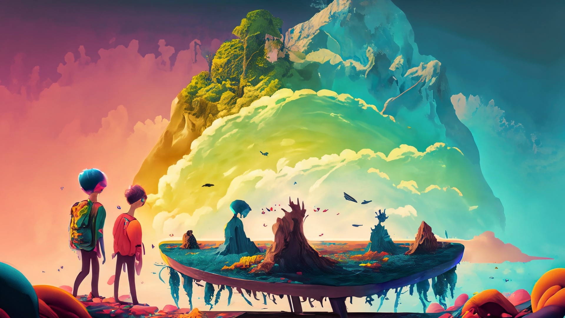 Zwei Reisende auf schwebender Insel vor surrealer, bunter Landschaft.